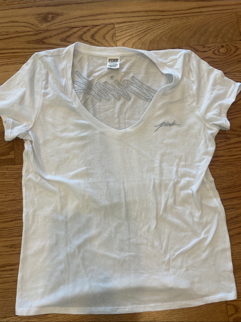 PINK Victoria's Secret White V-Neck Short Sleeve Tee with Subtle Logo